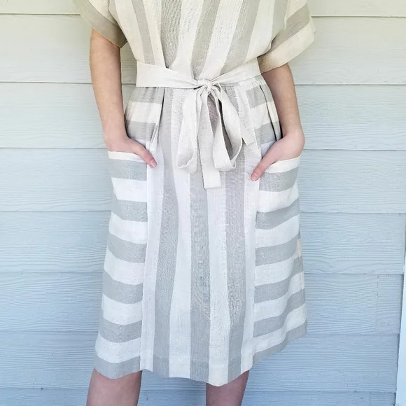 *SOLD*Vintage 80s Minimalist Lagenlook Dress Gray/Oat Color Belted Pockets - Picture 11 of 16